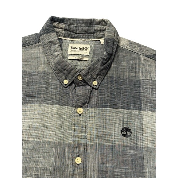 Timberland Slim Fit Plaid Shirt Men’s L Blue Gray Short Sleeve Button Down - Picture 4 of 8